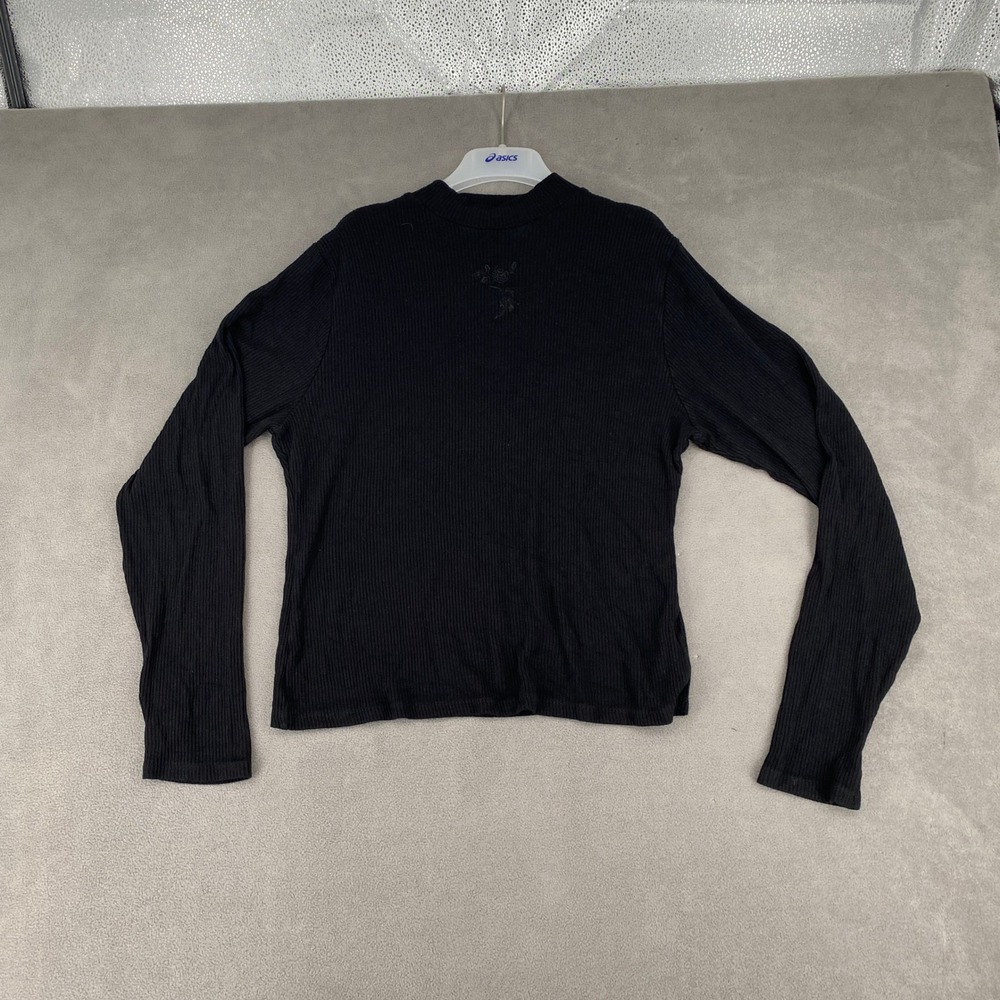 Disturbia Black Ribbed Rose Embroidered Mock Neck Thumbhole Top US 16
